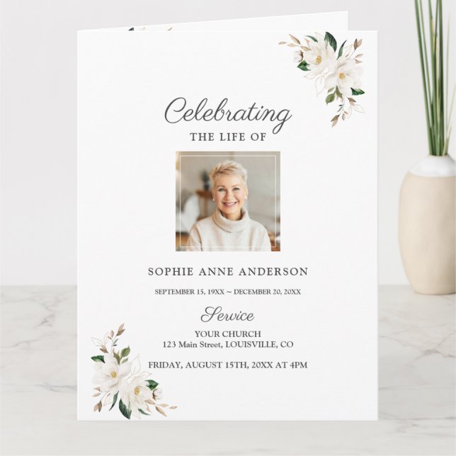 Chic Magnolia Floral Funeral Service Photo Program (Front)