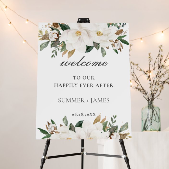 Chic Magnolia Floral Greenery Wedding Welcome Foam Board | Zazzle.com