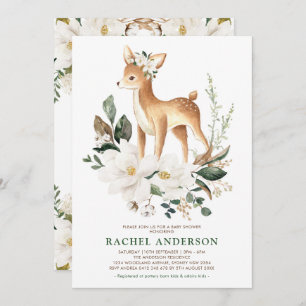 Chic Magnolia Woodland Deer Neutral Baby Shower Invitation