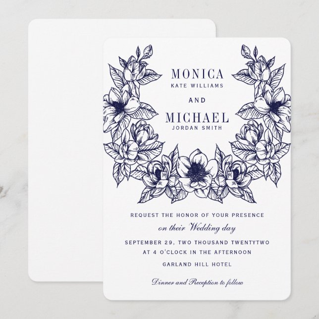 Chic Magnolia Wreath | Navy Blue Wedding Invitation (Front/Back)