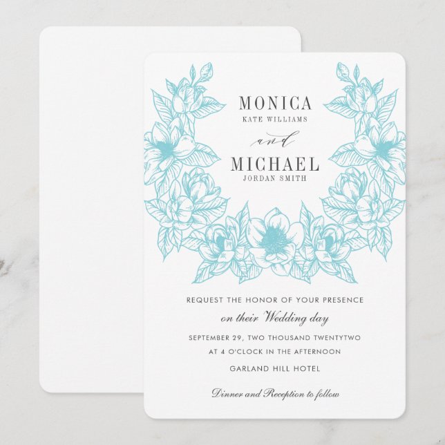 Chic Magnolia Wreath | Pale Blue | Wedding Invitation (Front/Back)