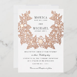Chic Magnolia Wreath Wedding Invitation ROSE GOLD Foil Invitation