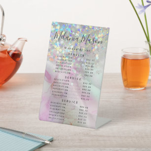 Chic Makeup Artist Holographic Glitter Price Menu Pedestal Sign