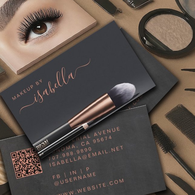 Chic Makeup Artist QR Code Copper Black Business Card (Creator Uploaded)