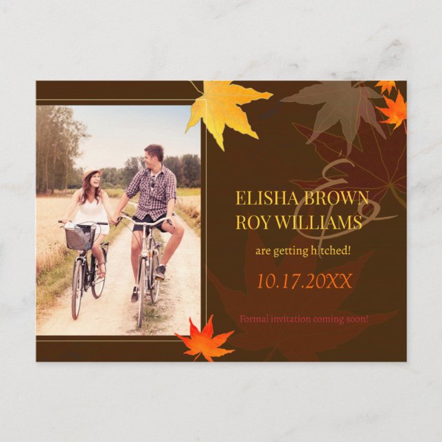 Chic Maple Leaf Fall Wedding Photo Save the Date Announcement Postcard (Front)