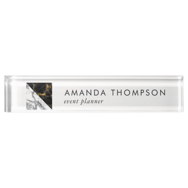 Chic Marble and Foil Geometric Desk Name Plate (Front)