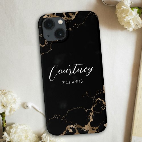 Chic Marble Black  Gold Glitter Monogrammed Name iPhone 13 Case
