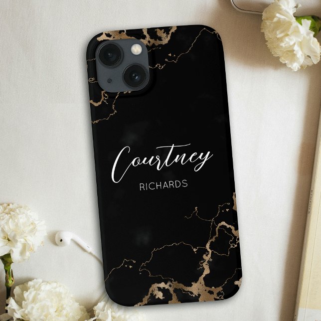 Chic Marble Black & Gold Glitter Monogrammed Name Case-Mate iPhone Case (Gold glitter and black marble personalized phone case with custom name or logo)
