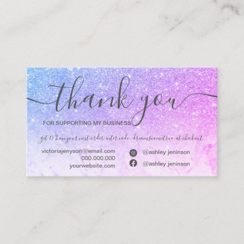 Chic marble blue purple glitter order thank you business card