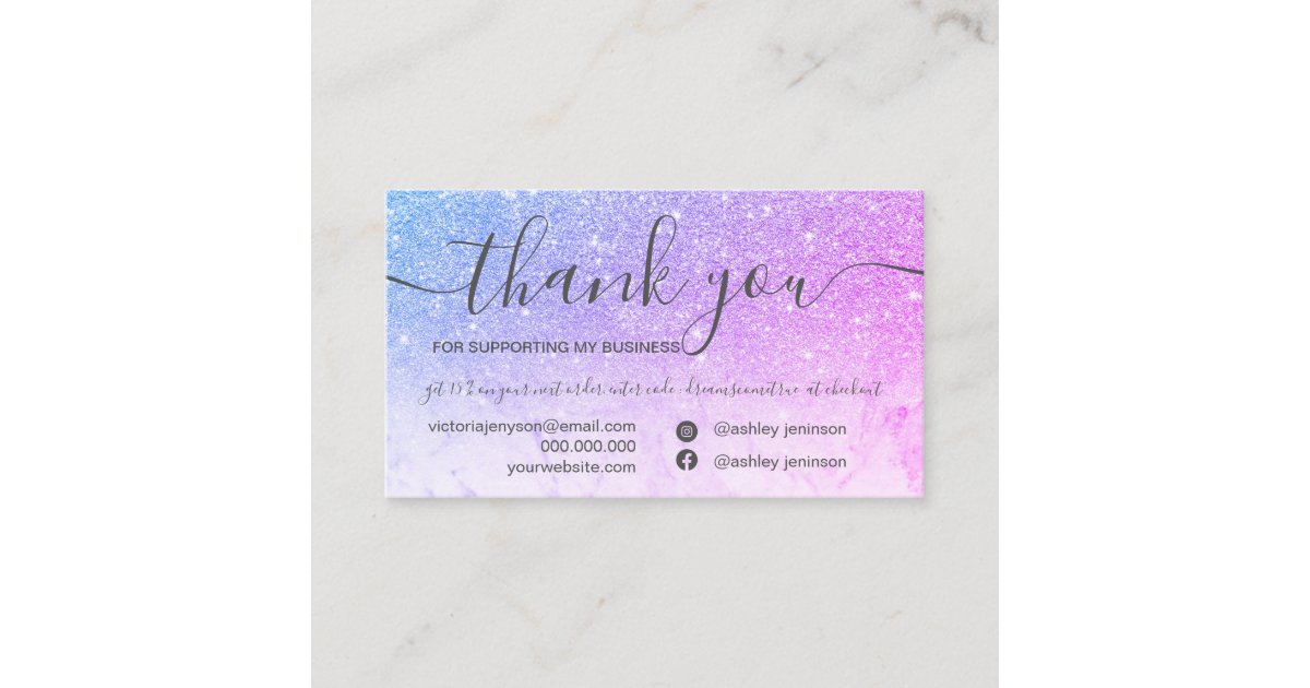 Chic marble blue purple glitter order thank you business card | Zazzle