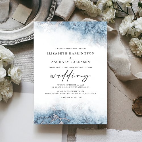 Chic Marble Blue Silver Wedding Invitation