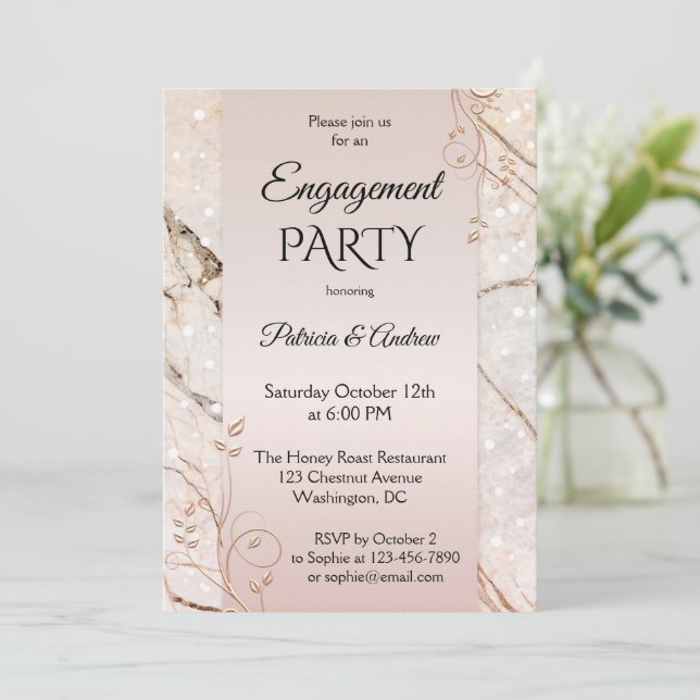 Chic Marble Blush Pink Floral Engagement Invitation (Standing Front)