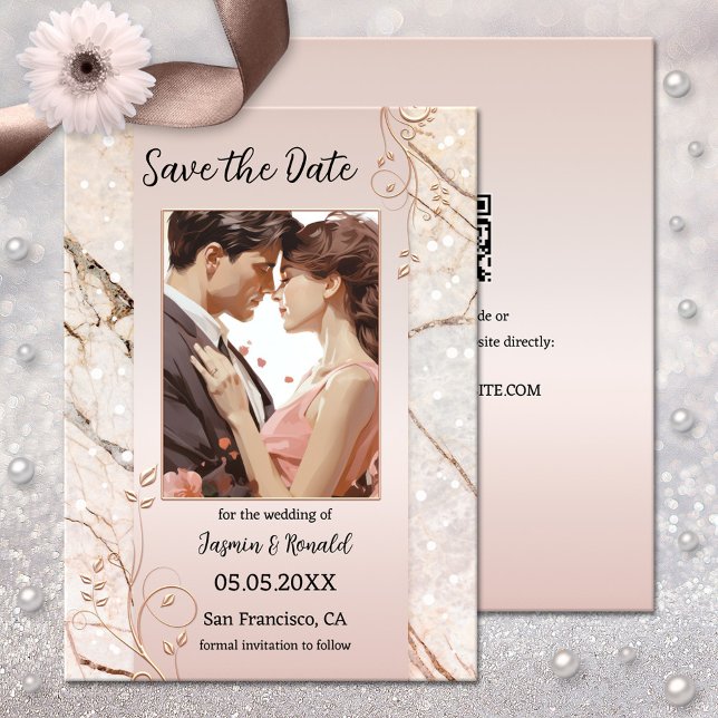 Chic Marble Blush Pink Photo Save the Date Card (Save the Date card featuring your photo framed by rose gold metallic floral swirls on pink marble)