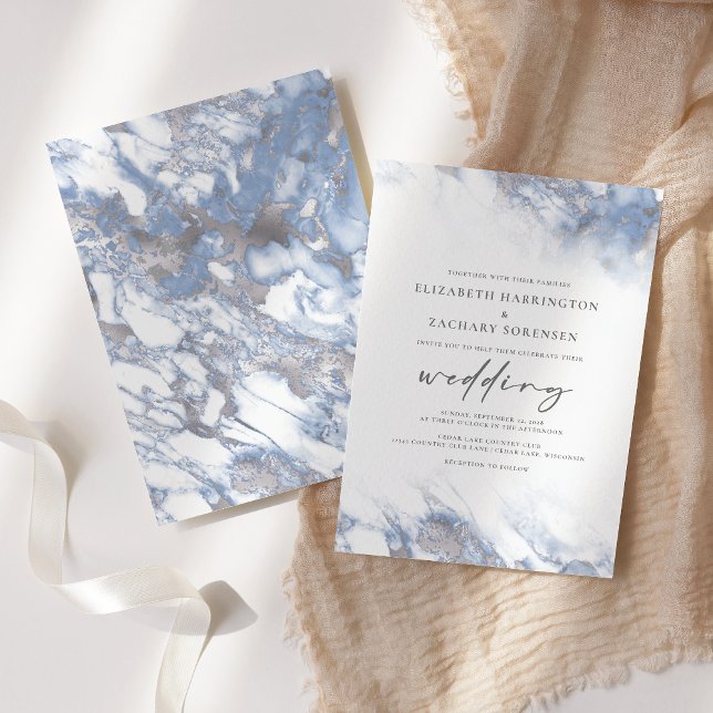 Chic Marble Dusty Blue Silver Wedding Invitation (Creator Uploaded)