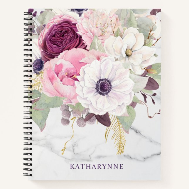 Chic Marble Feminine Pink Watercolor Floral Notebook (Front)