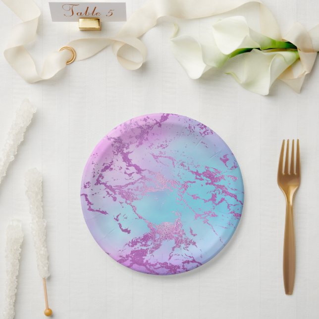 Chic Marble | Glitzy Glam Violet Purple Blue Ombre Paper Plates (Wedding)