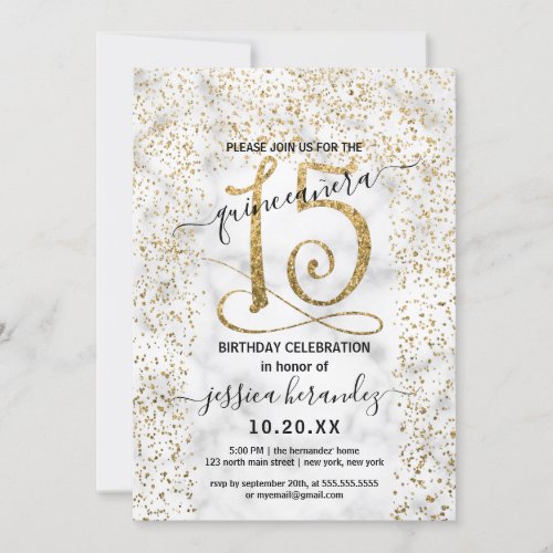 Chic Marble Gold Confetti Border Quinceaera Invitation