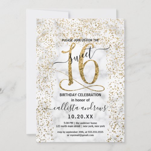 Chic Marble Gold Confetti Border Sweet 16 Invitation