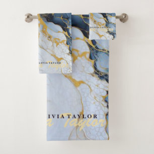 Chic Marble Gold Gray Navy Blue Agate bath towel