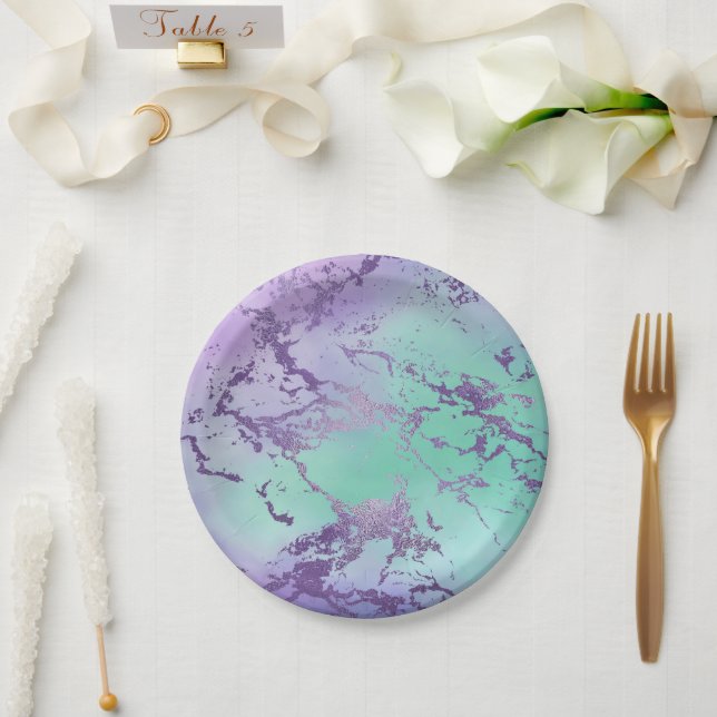 Chic Marble | Lavender Purple and Mint Green Paper Plates (Wedding)