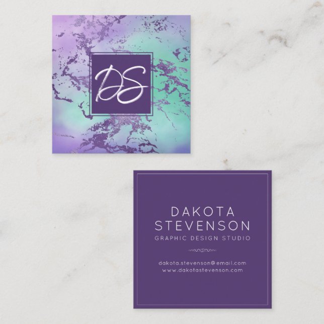 Chic Marble | Lavender Purple Mint Green Custom Square Business Card (Front/Back)
