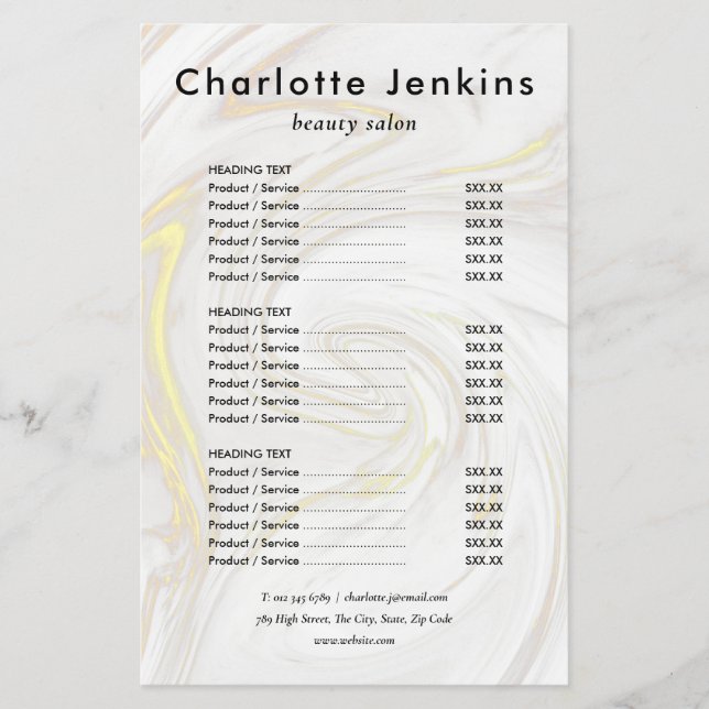 Chic Marble Minimalist Salon Service Menu Flyer (Front)