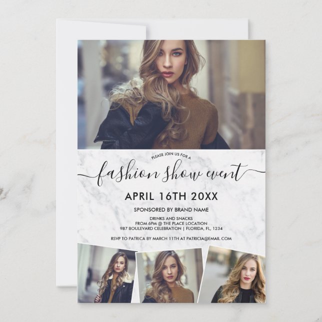 Chic marble minimalist script photos fashion show invitation (Back)
