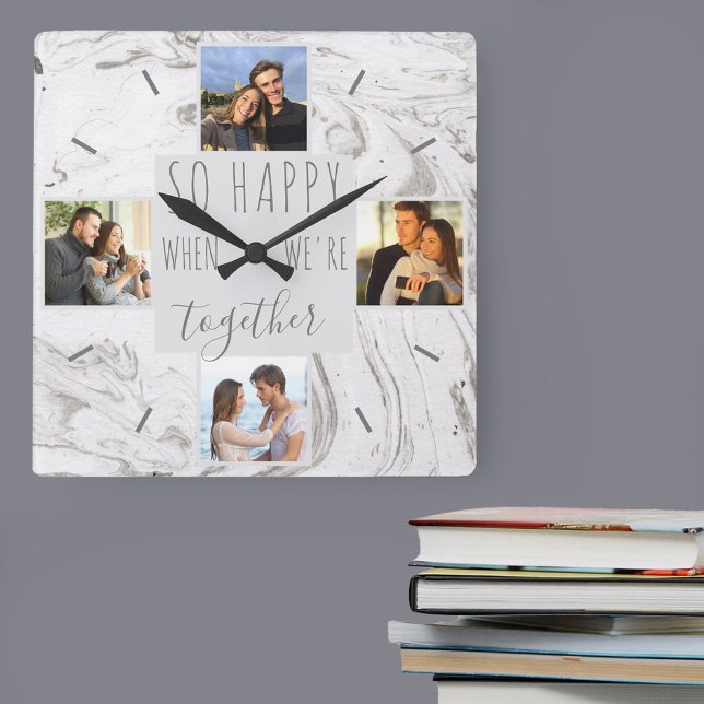 Chic Marble Photo Collage Happy Together Square Wall Clock (Photo Clock for romantic couples, friends and family)