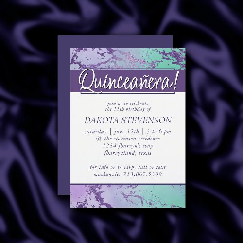 Chic Marble  Purple and Mint Ombre Quinceanera Invitation