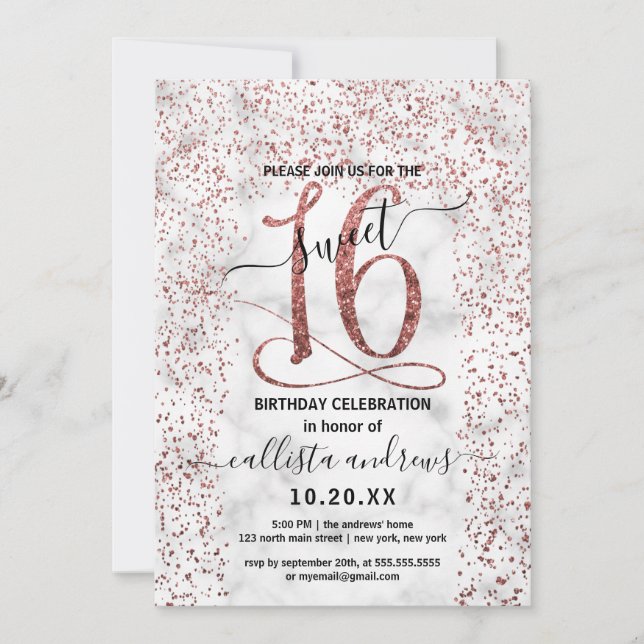 Chic Marble Rose Gold Confetti Border Sweet 16 Invitation (Front)