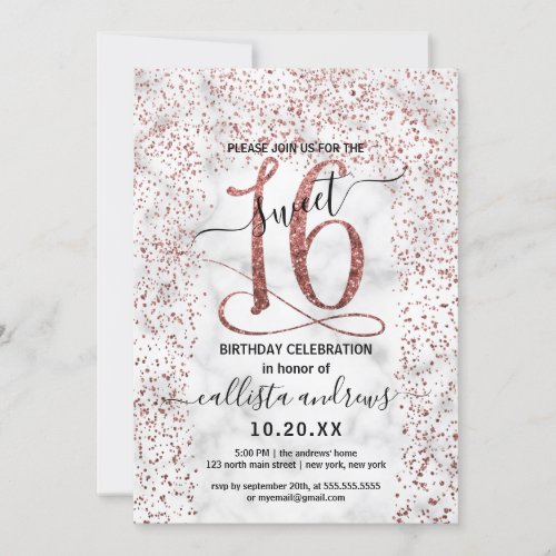 Chic Marble Rose Gold Confetti Border Sweet 16 Invitation