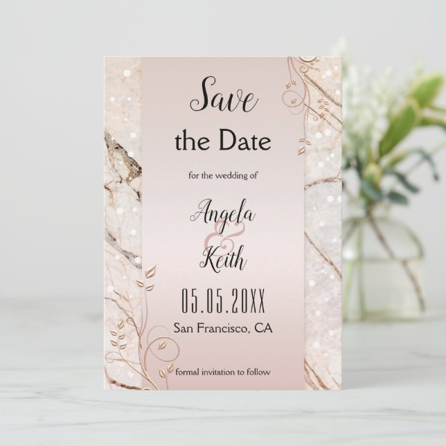 Chic Marble Rose Gold Floral Save the Date Card (Standing Front)
