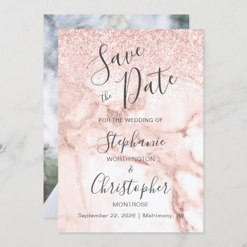 Chic Marble Rose Gold Glitter Photo Save the Date Invitation