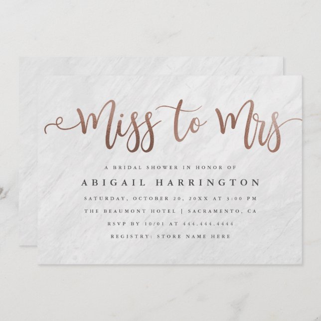 Chic Marble & Rose Gold Miss to Mrs Bridal Shower Invitation (Front/Back)