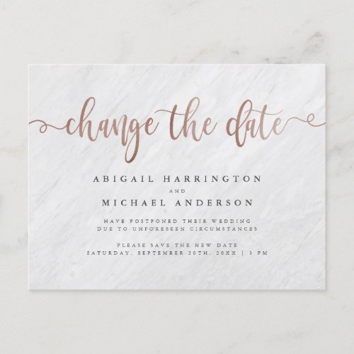 Chic Marble  Rose Gold Script Change The Date Invitation Postcard