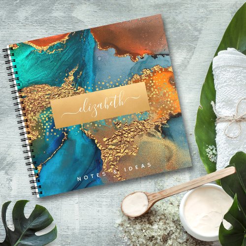 Chic marble watercolor glam gold turquoise square notebook