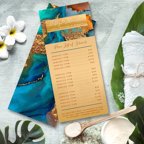 Chic marble watercolor turquoise gold beauty salon rack card