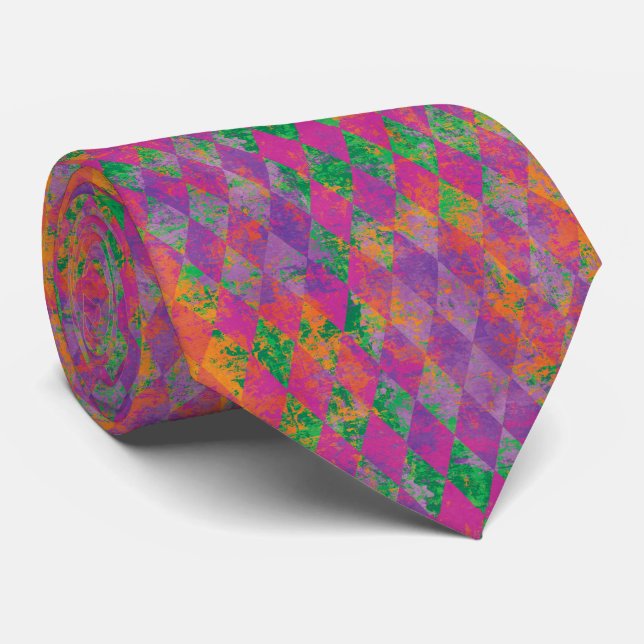 Chic Mardi Gras Purple Gold Harlequin Pattern Tie (Rolled)