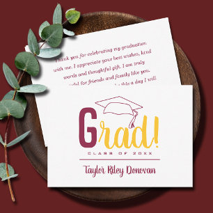 Chic Maroon and Yellow Grad Cap Graduation Note Card