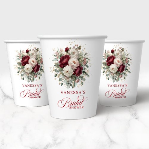 Chic Maroon Floral Bridal Shower Paper Cups