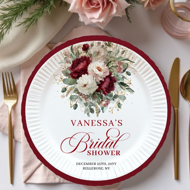 Chic Maroon Floral Bridal Shower Paper Plates (Chic Maroon Floral Bridal Shower Paper Plates)