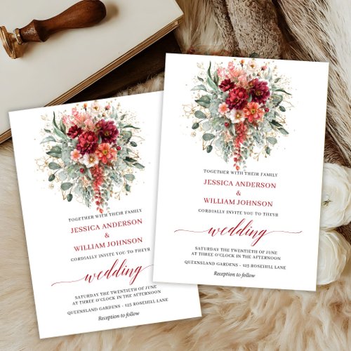 Chic Maroon Floral Eucalyptus Fall Wedding Invite