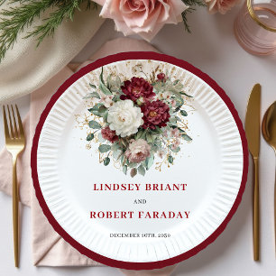 Chic Maroon Flowers Eucalyptus Gold Plates