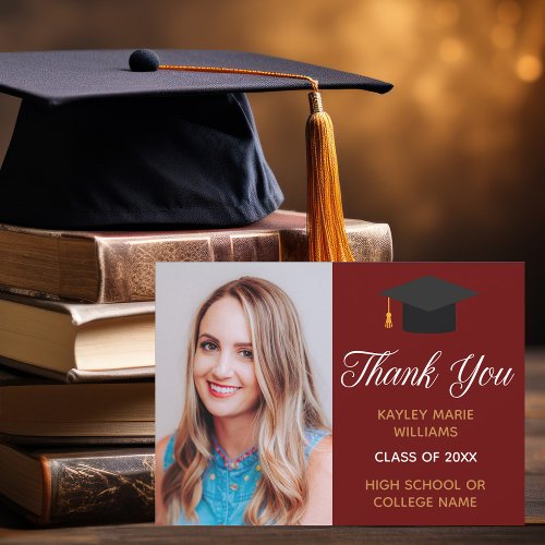 Chic Maroon Gold Graduation Photo 2024 Graduate Thank You Card