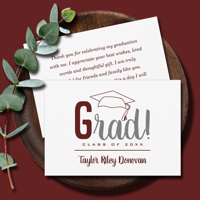 Chic Maroon Grad Cap Graduation Note Card (Maroon and gray grad cap graduation flat note cards with name on front, your message on the back)
