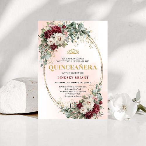 Chic Maroon Peony Eucalyptus 15th Birthday Invite