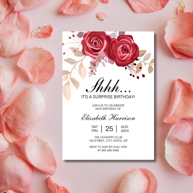Chic Maroon Rose Floral Surprise Birthday  Invitation (Creator Uploaded)