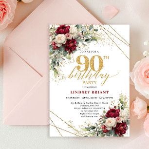 Chic Maroon White Gold Roses 90th Birthday Invite