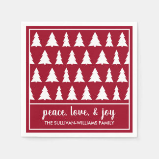 Chic Maroon White Tree Pattern Name Holiday Party Napkins