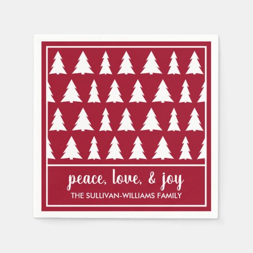 Chic Maroon White Tree Pattern Name Holiday Party Napkins